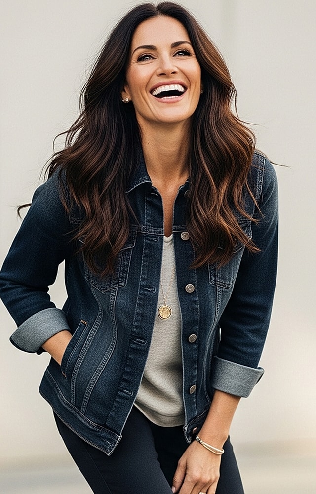 Smiling woman in denim jacket, casual look.