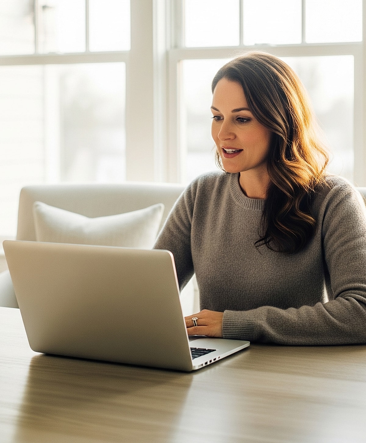 Woman using laptop at home desk.