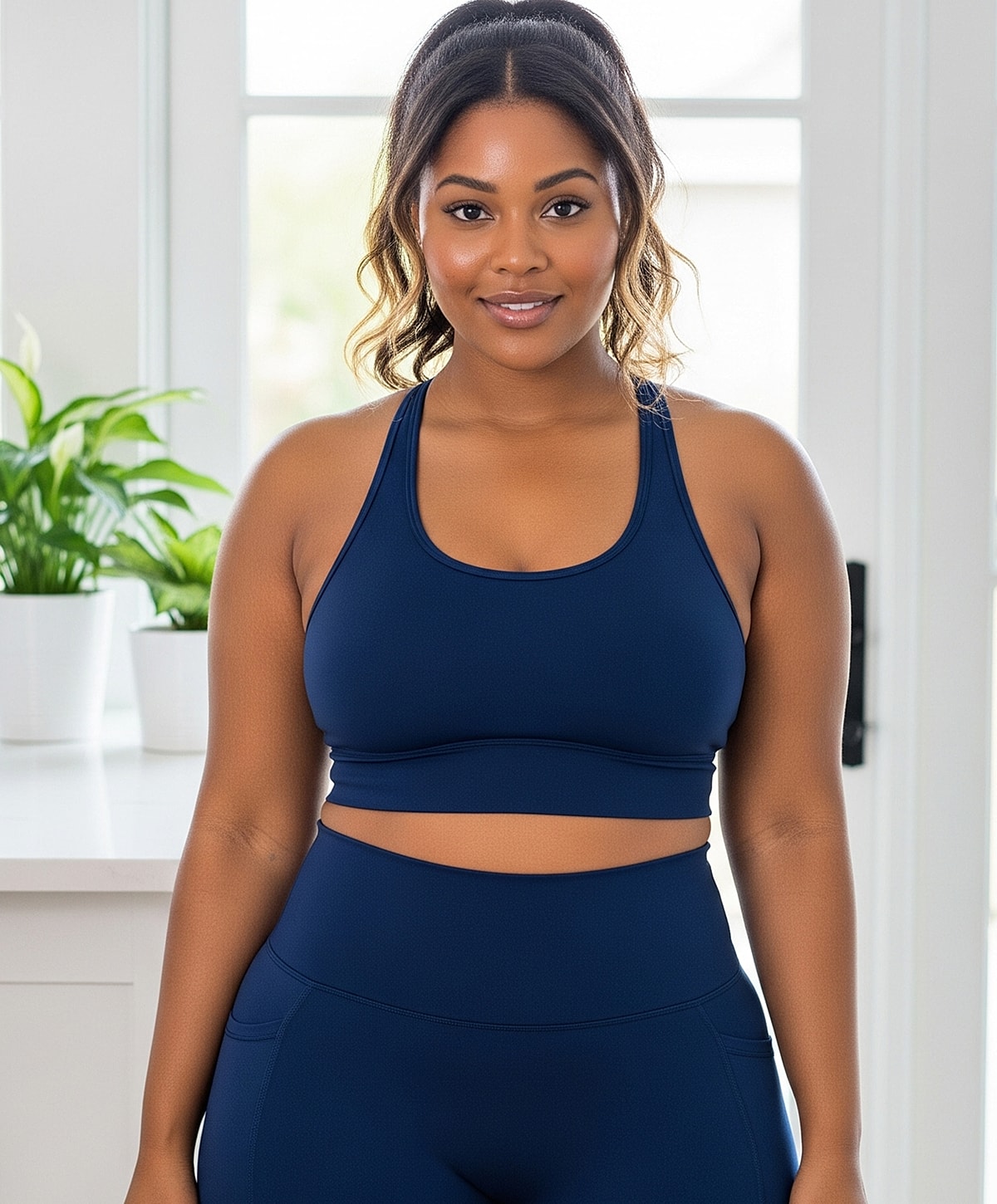 Woman in navy athletic wear indoors.